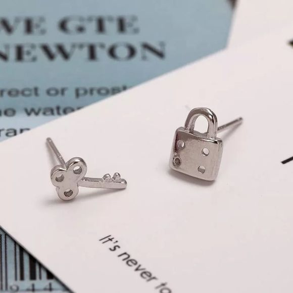 925 Sterling Silver Lock and Key Stud Earrings - Picture 1 of 4